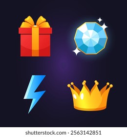 Vector cartoon game icons includes gift box, precious stone, golden crown and energy symbol isolated on gradient purple background.	