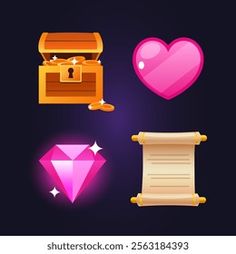 Vector cartoon game icons includes treasure chest, heart icon, paper scroll, pink gemstone isolated on gradient purple background.	