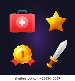 Vector cartoon game icons includes star, medical kit, gold award, medieval sword isolated on gradient purple background.	
