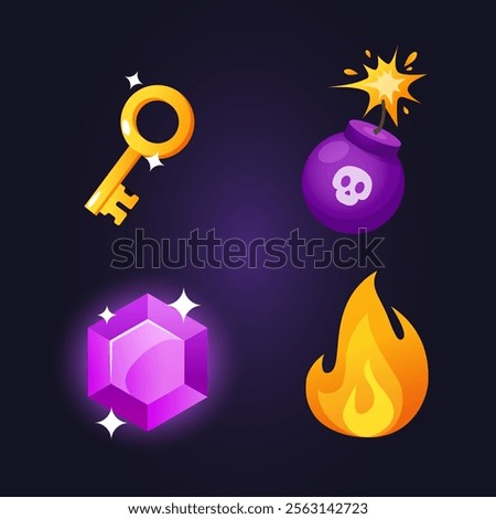 Vector cartoon game icons includes battery charge, golden coin, closed lock, precious gem isolated on gradient purple background.	