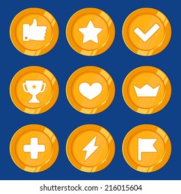 Vector Cartoon Gamification Badges And Golden Coins - Rewards And Prizes For App Or Game