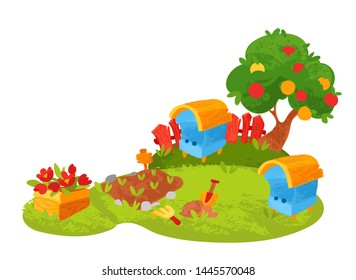 Vector cartoon garden in children's style. Vector illustration in children's style, for children's books, posters, stickers or room decor
