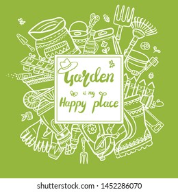 Vector cartoon garden symbols. Sketch elements collection for your design: shovel, fork, rake, hoe, truck, wheelbarrow, boots, gloves, seeds, bottles, lantern, basket, scissors, watering can and other