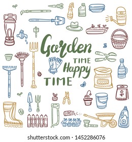 Vector cartoon garden symbols. Sketch elements collection for your design: shovel, fork, rake, hoe, truck, wheelbarrow, boots, gloves, seeds, bottles, lantern, basket, scissors, watering can and other