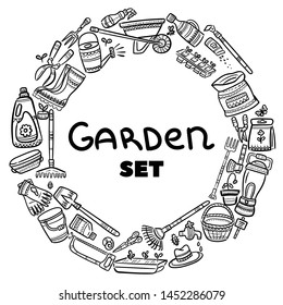 Vector cartoon garden symbols. Sketch elements collection for your design: shovel, fork, rake, hoe, truck, wheelbarrow, boots, gloves, seeds, bottles, lantern, basket, scissors, watering can and other