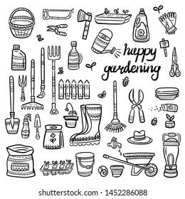 Vector cartoon garden symbols. Sketch elements collection for your design: shovel, fork, rake, hoe, truck, wheelbarrow, boots, gloves, seeds, bottles, lantern, basket, scissors, watering can and other
