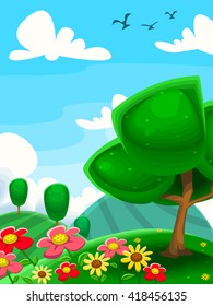 vector cartoon garden with trees in meadow with flowers in blue cloudy sky illustration