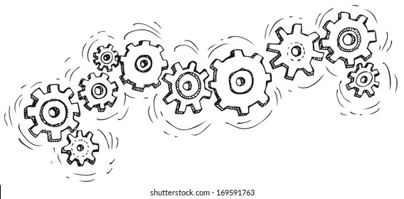 Vector cartoon gear wheels. Drawn in black ink on white background