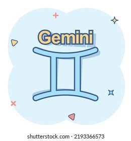 Vector cartoon gemini zodiac icon in comic style. Astrology sign illustration pictogram. Gemini horoscope business splash effect concept.