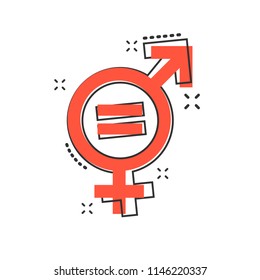 Vector Cartoon Gender Equal Icon In Comic Style. Men And Women Sign Illustration Pictogram. Sex Business Splash Effect Concept.