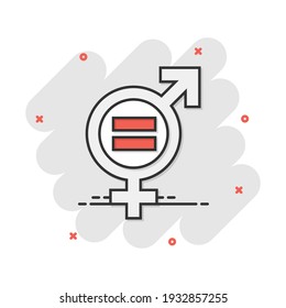 Vector Cartoon Gender Equal Icon In Comic Style. Men And Women Sign Illustration Pictogram. Sex Business Splash Effect Concept.