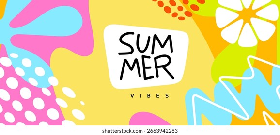 Ilustración geométrica de dibujos animados de Vector. Fondo de verano con forma abstracta y texto. Diseño estacional creativo plano del estilo de la Plantilla con las hojas tropicales del verano para el Anuncio del partido, cartel, tarjeta, cubierta