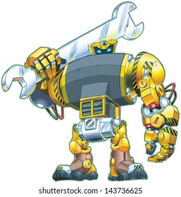 A vector cartoon of a giant tough-looking robot holding a wrench on its shoulder. Great for construction or repair themes.