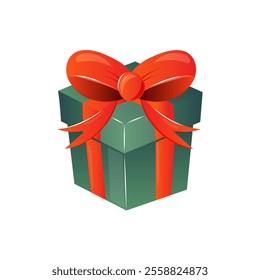 Vector cartoon gift green box with red bow isolated on white background Happy birthday, Christmas, New Year 