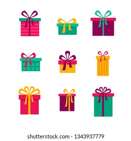 Vector cartoon gifts on a white background in yellow, blue and pink colors. Holiday boxes with bows, stripes and spots.