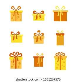 Vector cartoon gifts on a white background in yellow and brown colors looking like cheese with holes. Holiday boxes with bows. Cute christmas presents