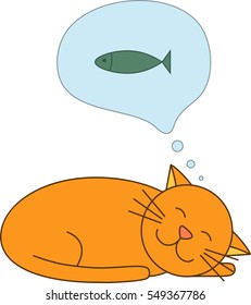 Vector cartoon ginger cat with a speech bubble. Cat sleeps and dreaming about fish on white background. You can delete fish and write everything you want.