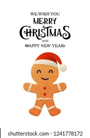 Vector cartoon gingerbread cookie in santa claus hat on white background isolated