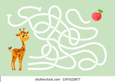 Vector cartoon giraffe and apple. Vector illustrations for children books. Labyrinth. Educational game for children. 