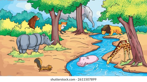 vector cartoon Giraffe, elephant, lion, bear, unicorn, squirrel, fox, drinking water on the river bank in the forest
