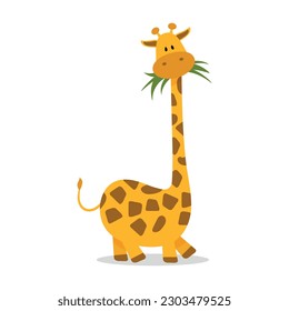 Vector cartoon giraffe with long neck chewing leaves, grass, illustration for a children book, for designs, prints and patterns. Isolated on white background