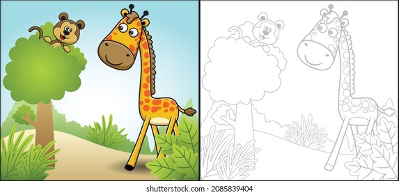 Vector cartoon of giraffe with monkey on tree in the forest. Coloring book or page