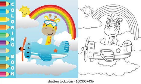 Vector cartoon of giraffe on airplane on sky elements background, coloring page or book