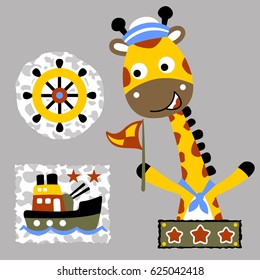 vector cartoon of giraffe in sailor costume with warship and steering wheel