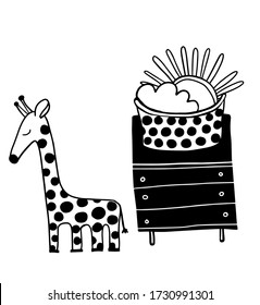 vector cartoon giraffe toy and basket with toys on the commode