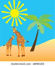 vector cartoon giraffes with palm and sun background