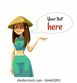Vector cartoon girl in Asian conical hat. Isolated. White background. In Bangladesh, Bhutan, China, Cambodia, India, Indonesia, Japan, Korea, Malaysia,Philippines, parts of Manchuria and Vietnam.