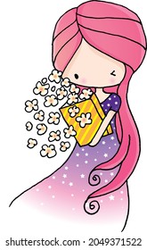 vector cartoon girl with a box of popcorn