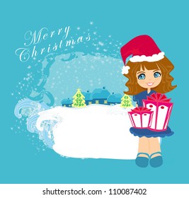 vector cartoon girl and christmas tree with gifts
