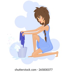 vector cartoon girl is cleaning the floor