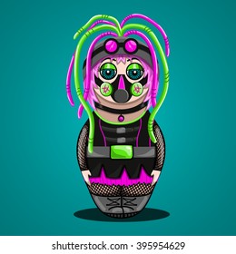 Vector cartoon girl  cyber goth in the form of nested doll. Illustration subcultures.