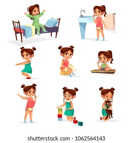 Vector cartoon girl daily routine activity set. Female character wake up, stretch, brushing teeth doing gymnastics, toilet, dressing up eat breakfast play cat, cube toy. Illustration kid life schedule