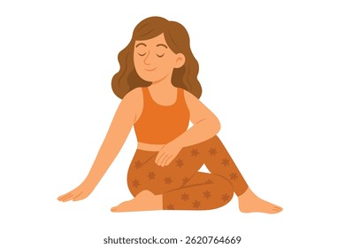 Vector cartoon girl doing seated spinal twist yoga pose with closed eyes and peaceful smile.