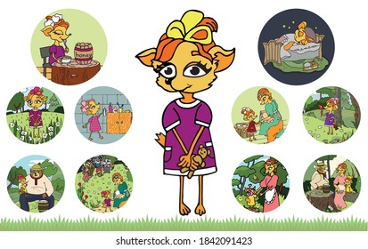  Vector cartoon girl fox, her forest life in episodes