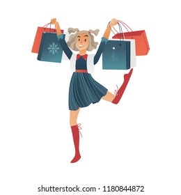 Vector cartoon girl kid happily jumping holding christmas or new year holiday clearance, discount or sale shopping bags. Female cheerful character with goods for xmas celebration illustration