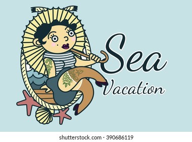 Vector cartoon girl on the sea vacation. Sea vacation greeting card