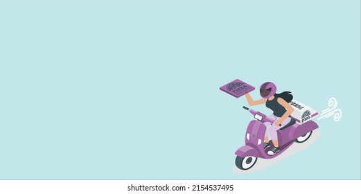 Vector cartoon girl riding scooter. Delivery food pizza service poster background template with female character on motorcycle delivering packages box with smile. Transportation company promo design