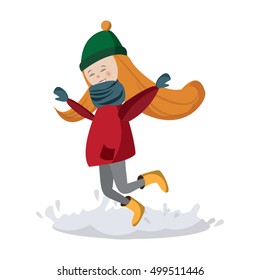 Vector Cartoon Girl in rubbers jumping in the puddles. Happy childhood concept. Merry autumn. Smiling kid with blond hair. Enjoy fall. Girl in warm clothes and scarf
