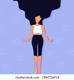 Vector. Cartoon girl in shavasana pose (corpse pose), yoga, fluttering hair. Background design for print, social media, banners, invitations, covers, flyers, brochures, start page, blogs, messages.