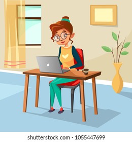 Niña vectorial sentada en un acogedor escritorio de trabajo escribiendo laptop. Educación estudiantil, trabajo remoto independiente. Ilustración con diseño moderno femenino, personaje bloguero y fondo interior