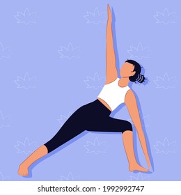 Vector. A cartoon girl with a slender figure is engaged in yoga. Knee bend triangle pose. The stand is wide, tilted to the side, bent knee. Uttita Parsvakonasana. Sports activities.