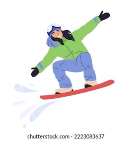 Vector cartoon girl snowboarder jumping. Young woman on snowboard Extreme winter sport. Flat vector illustration in cartoon style
