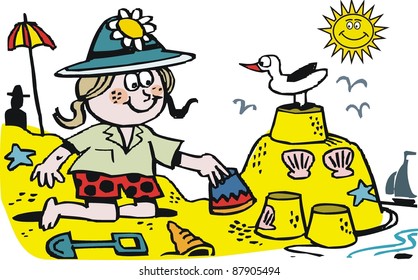Vector cartoon of girl with sunhat on beach.
