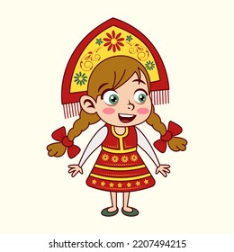 Vector Cartoon Girl In Traditional Russian Costume. Funny Russian Folk Girl Illustration. 