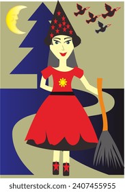 vector cartoon girl in witch style clothes