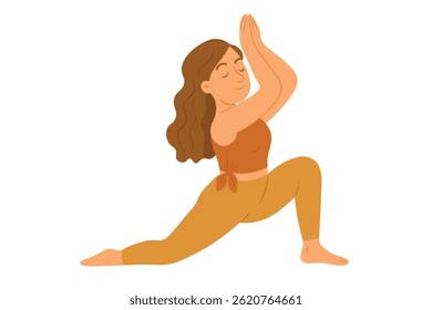 Vector cartoon girl in yoga prayer pose with closed eyes, relaxing and stretching in balance.